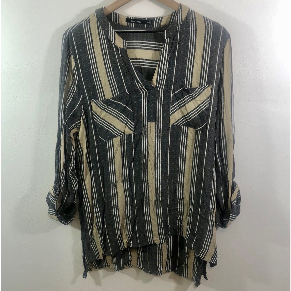 Doe & Rae Long Sleeve V-neck Top Grey Tan & White Stripe L